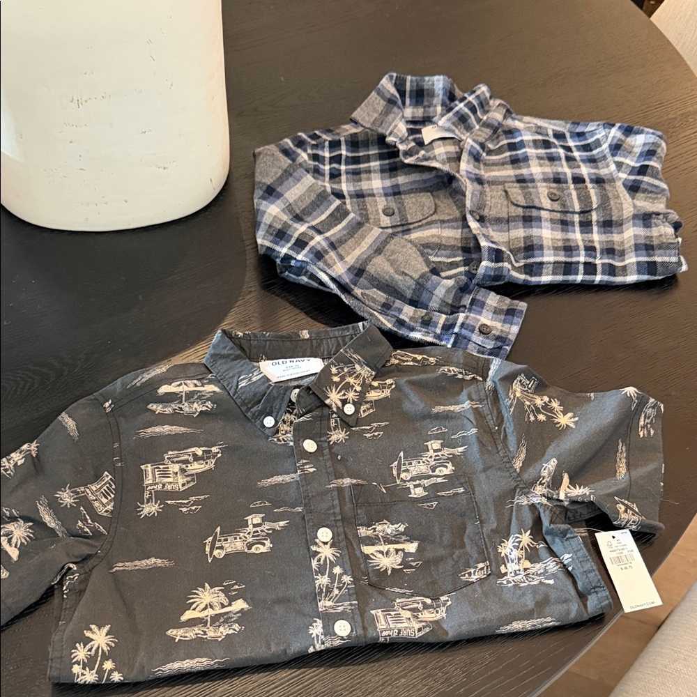 Old Navy Gray Short Sleeve and Blue Flannel Button Down Shirt